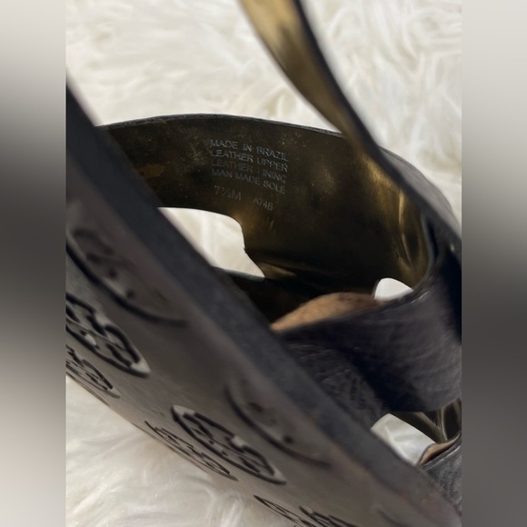 Tory Burch | Black Brown Studded Pebbled Leather Gladiator Flat Sandals - Picture 7 of 7